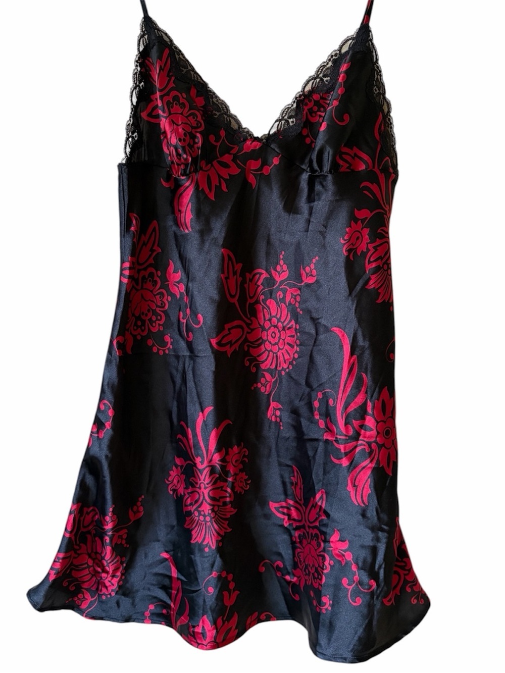 La Senza Black Red Satin Slip Dress Lace Trim Y2K Whimsigoth Lingerie Dress